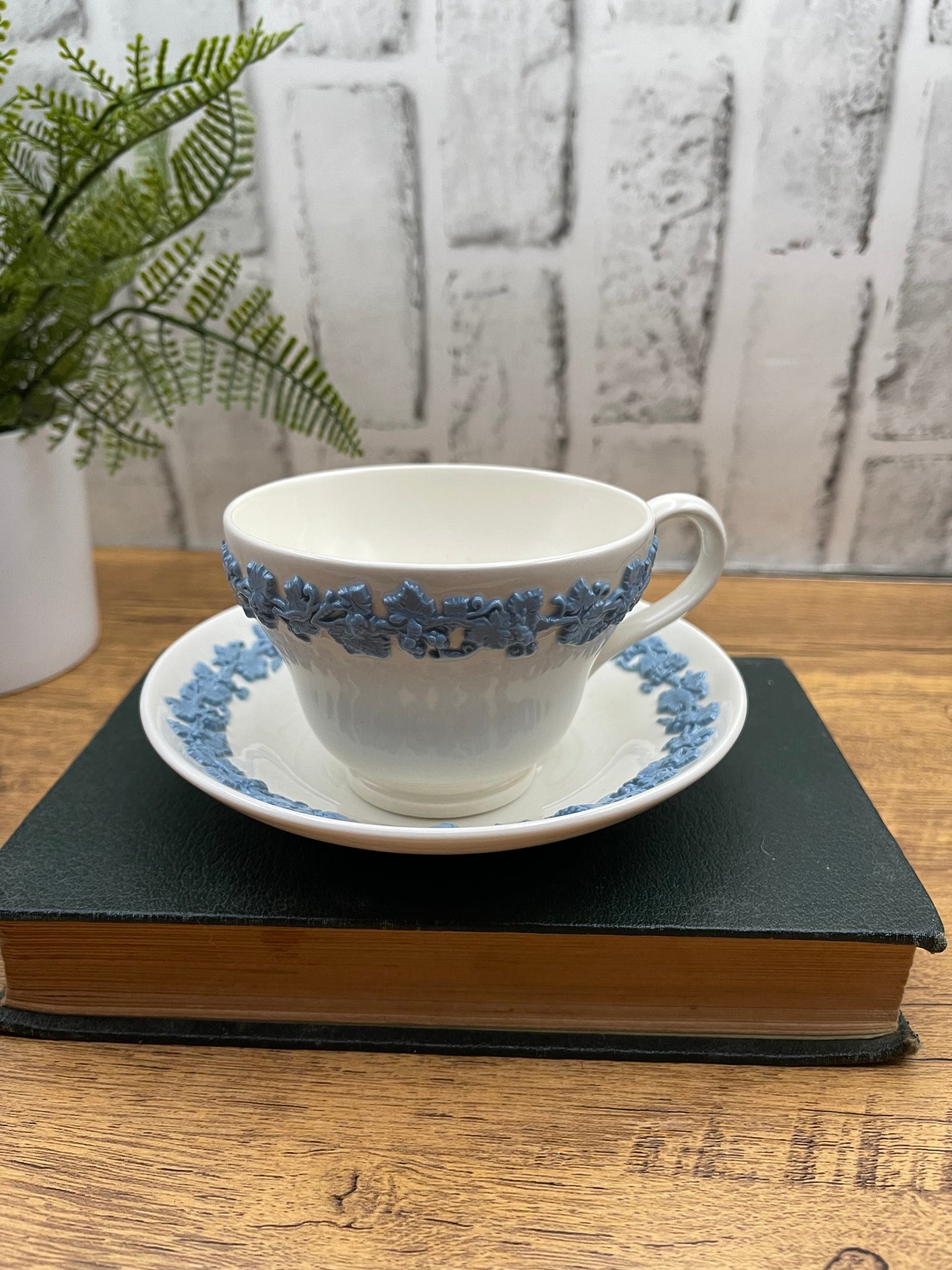 Wedgewood Embossed Queensware Cup & Saucer Lavender on Cream